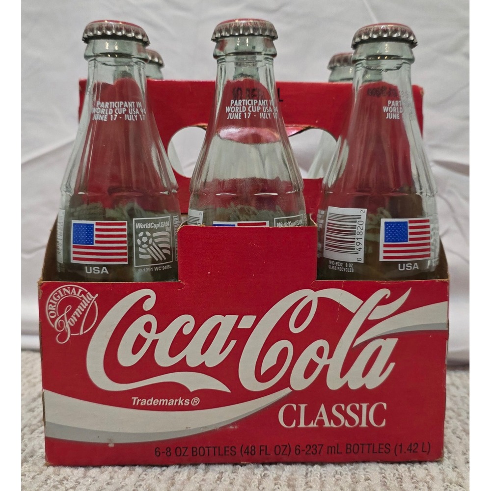 Vintage Coca-Cola World Cup USA 94 Collector Series 6 Pack 8oz Glass Bottles